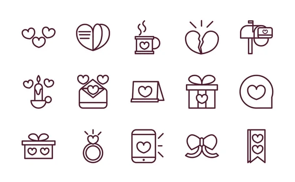 Happy valentines day love romantic feeling icons collection thick line — Vector de stock