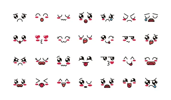 Kawaii cute face expressions eyes and mouth icons set — Vector de stock