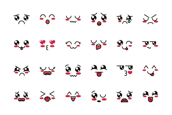 Kawaii cute face expressions eyes and mouth icons set — Wektor stockowy