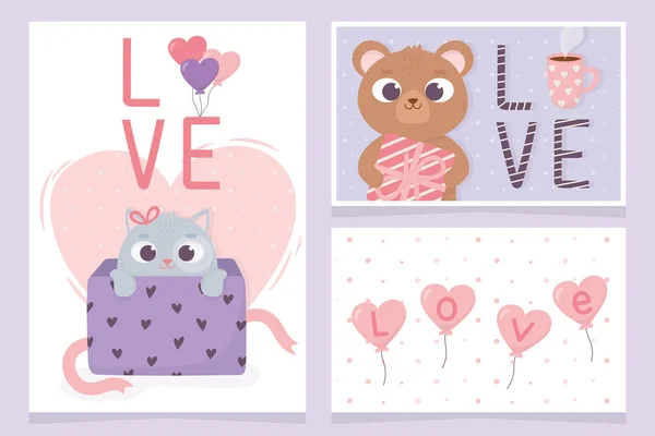 Happy valentines day invitation cards bear and cat gift box love hearts decoration — Vector de stock