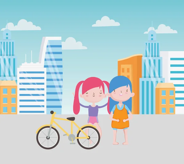 Happy childrens day cute little girls with bicycle in the city street — Vector de stock