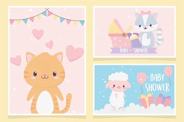 Baby shower cute little animals love hearts pram gifts clouds card set — Archivo Imágenes Vectoriales