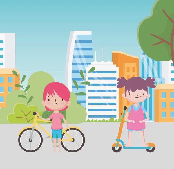 Happy childrens day little boy with bike and girl with electric scooter in the street — 스톡 벡터