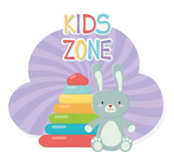 Kids zone, rubber pyramid and rabbit furry toys — Stock vektor