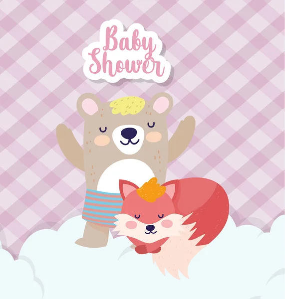 Baby shower cute bear with short pants and fox cartoon — 스톡 벡터