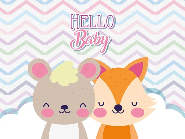 Baby shower love cute little bear and fox clouds stripes background —  Vetores de Stock