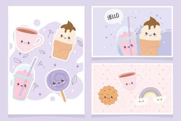 Kawaii coffee cup ice cream lollipop cookie rainbow fast food cartoon cards — стоковый вектор