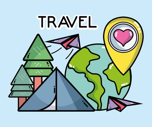 Camping tent world plane destination pin tourist vacation travel — Vector de stock