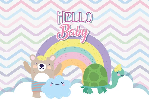 Baby shower cute turtle bear rainbow with clouds cartoon — Stock vektor