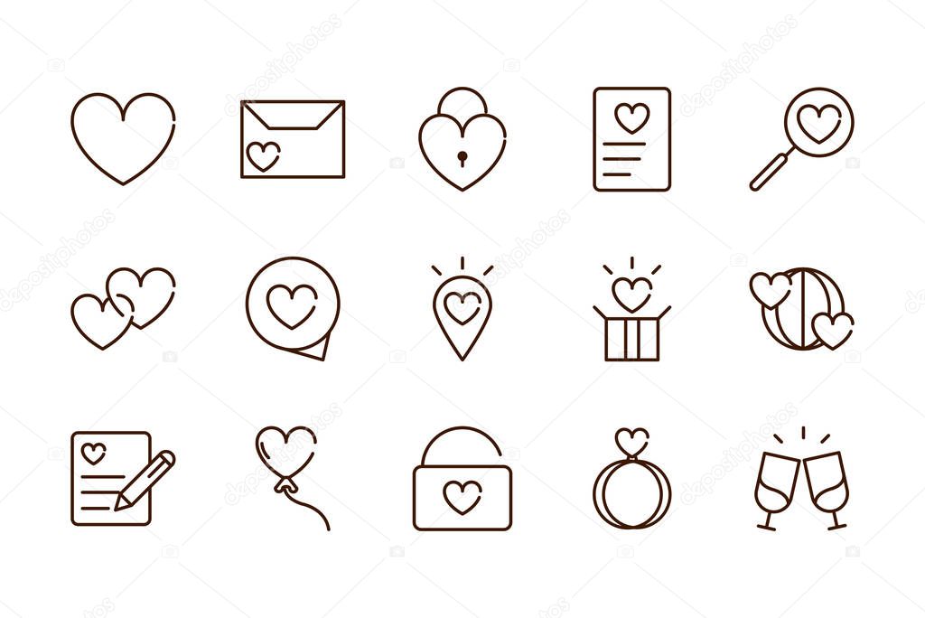 love heart romantic passion feeling related icons collection thick line
