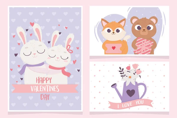 Happy valentines day greeting cards rabbit bear and cat gift flowers love — Vetor de Stock