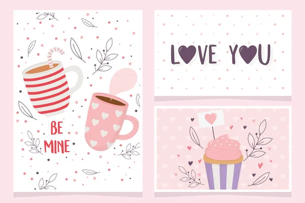 Happy valentines day, sweet cupcake and chocolate cups dessert lettering cards — Vetor de Stock