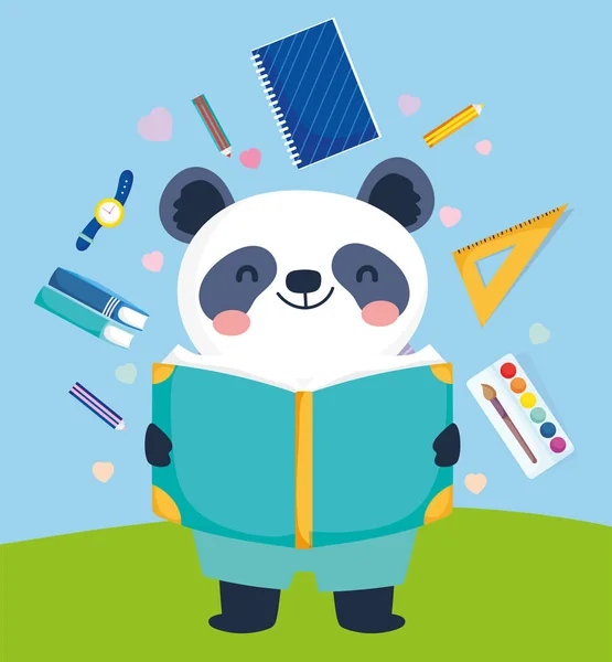 Назад до школи мила панда читає книжкову освіту — стоковий вектор