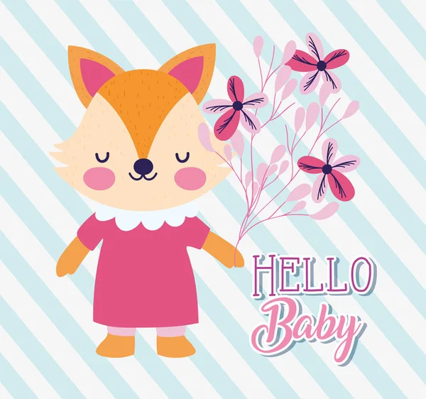 Baby Shower Liebe Fuchsmädchen mit Kleid und Blumen — Stockvektor