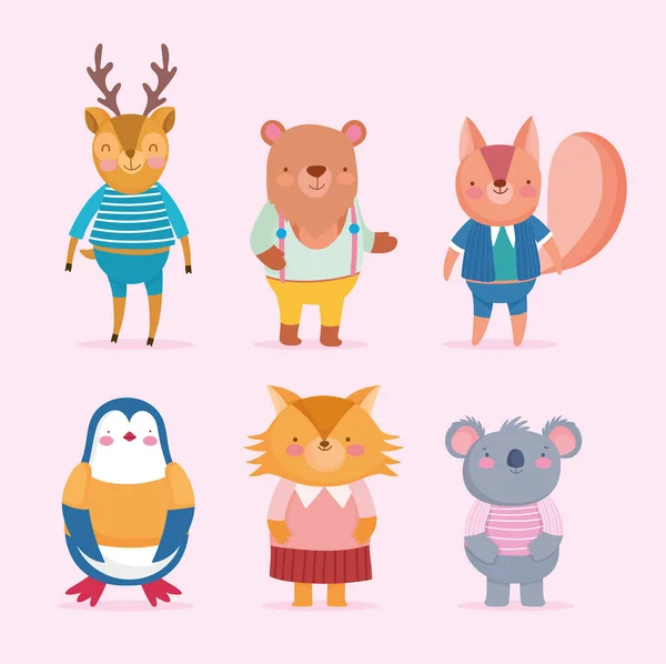 Πίσω στο σχολείο χαριτωμένα ζώα κινουμένων σχεδίων με ρούχα — Διανυσματικό Αρχείο