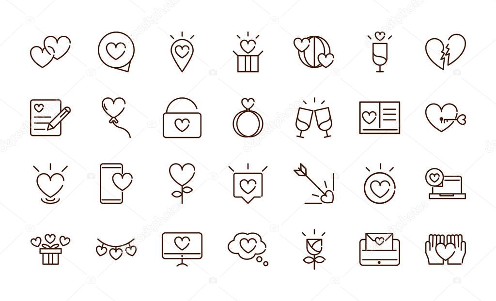 love heart romantic passion feeling related icons collection thick line