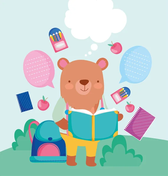Tillbaka till skolan söt björn läsa bok ryggsäck pennor utbildning — Stock vektor