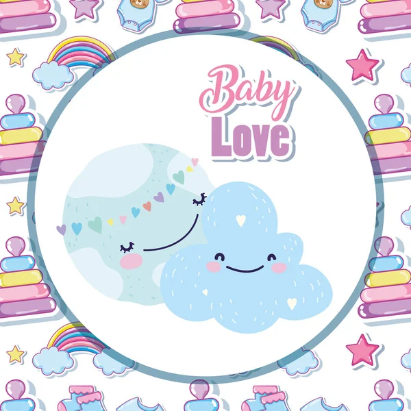 Baby shower monde mignon coeurs d'amour bande dessinée nuageuse — Image vectorielle