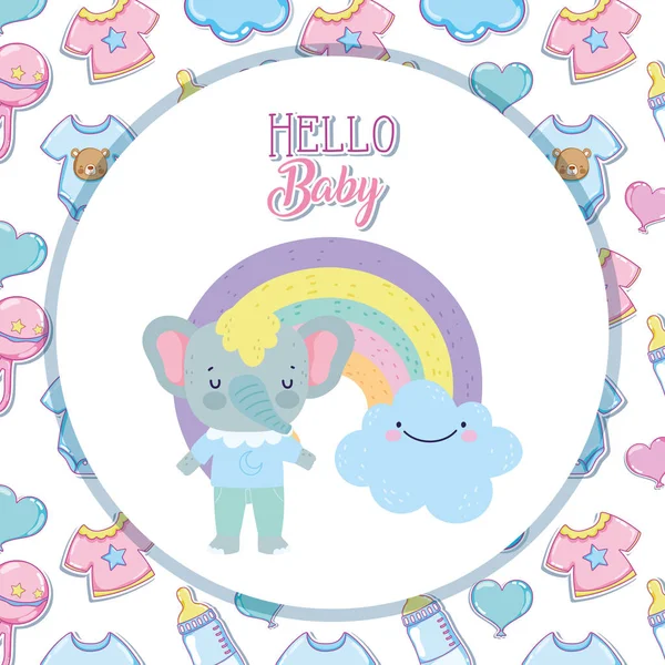 Baby shower cute elephant rainbow with clouds cartoon —  Vetores de Stock