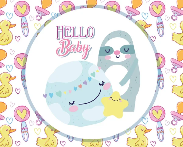 Baby shower mignon sloth et les cœurs du monde des étoiles adorent le dessin animé — Image vectorielle