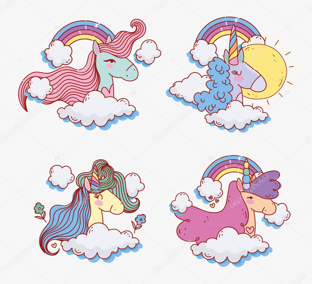 cute unicorns rainbow sunny day sky flowers fantasy magic cartoon