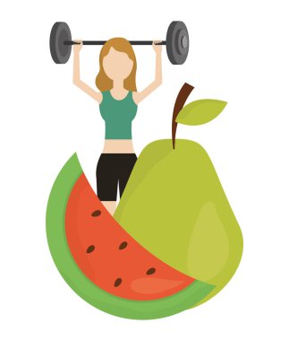 woman with dumbbell watermelon and pear health food
