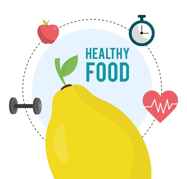 Fresh lemon heartbeat chronometer and barbell health food — Stockový vektor