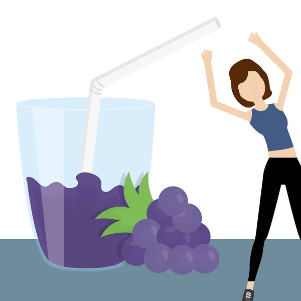 Woman stretching and fresh grapes and juice health food — Vetor de Stock