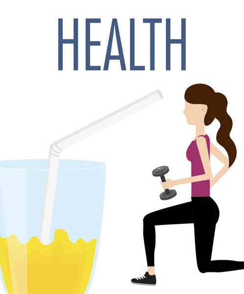 Sport woman with barbell and juice diet health food — Stockvector