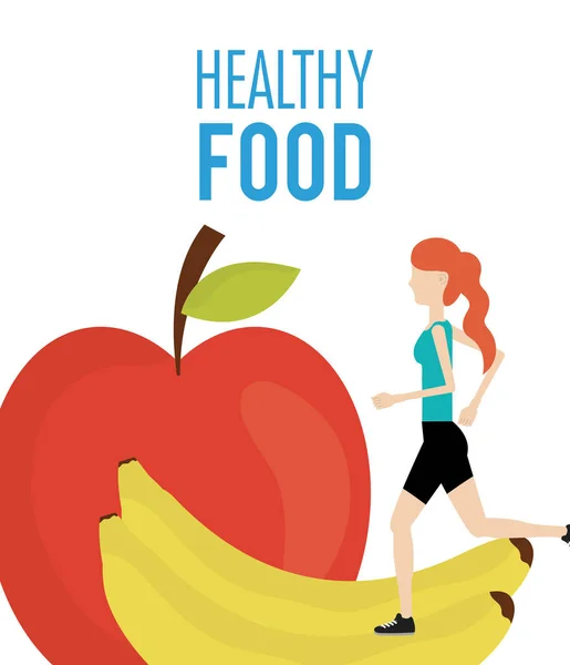 Woman and fresh fruits apple banana health food — Stock Vector