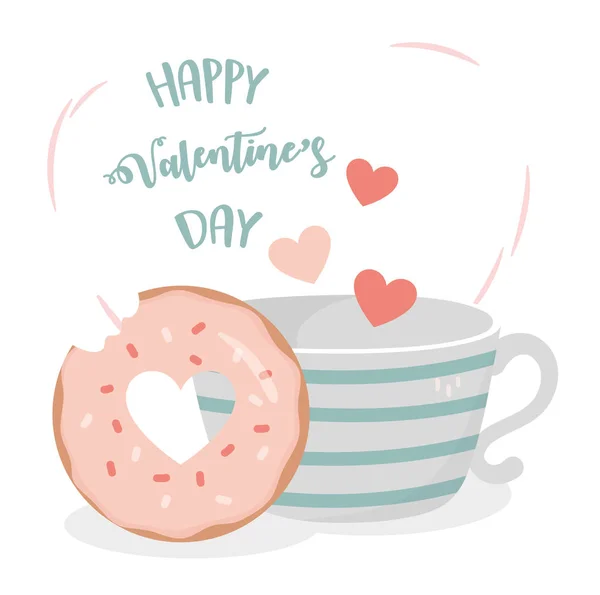 Happy valentines day coffee cup sweet donut hearts love — Wektor stockowy