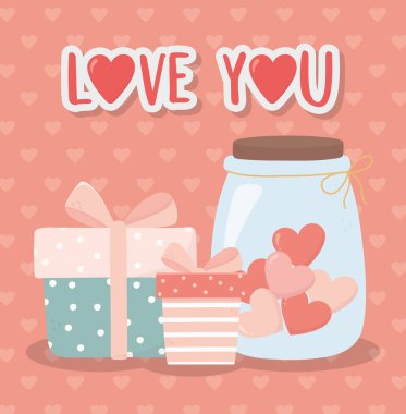 happy valentines day gift boxes and jar glass with hearts love