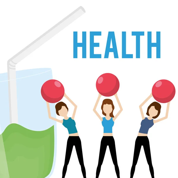 Group women with balls yoga and fresh juice health food — Stockvektor