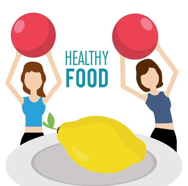 Women with ball yoga and fresh lemon health food — Stockvector