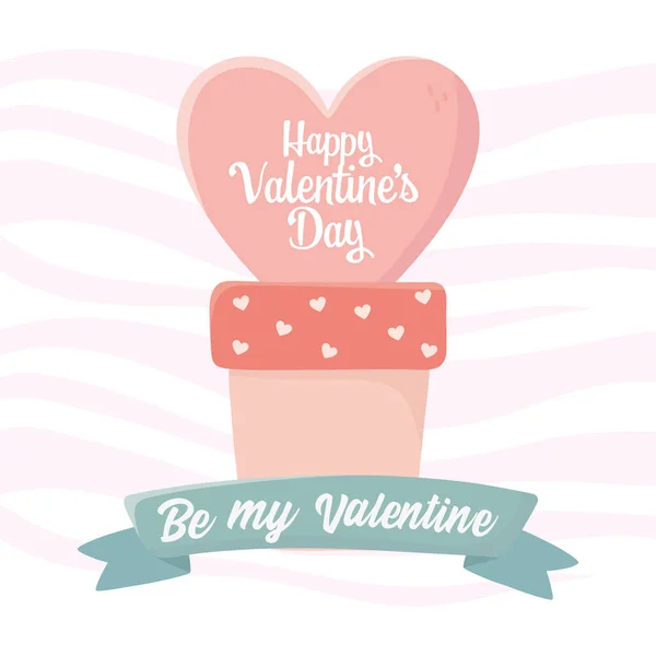 Happy valentines day heart in pot love decoration ribbon — Vector de stock