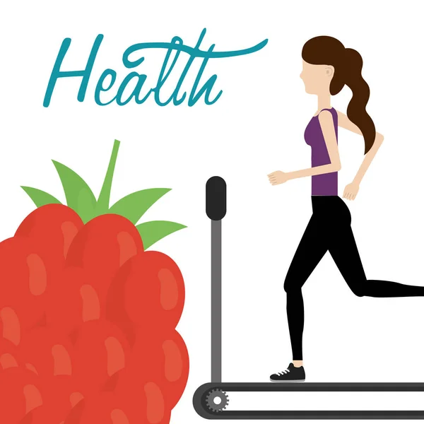 Woman in treadmill sport and fresh raspberry health food — Stock Vector