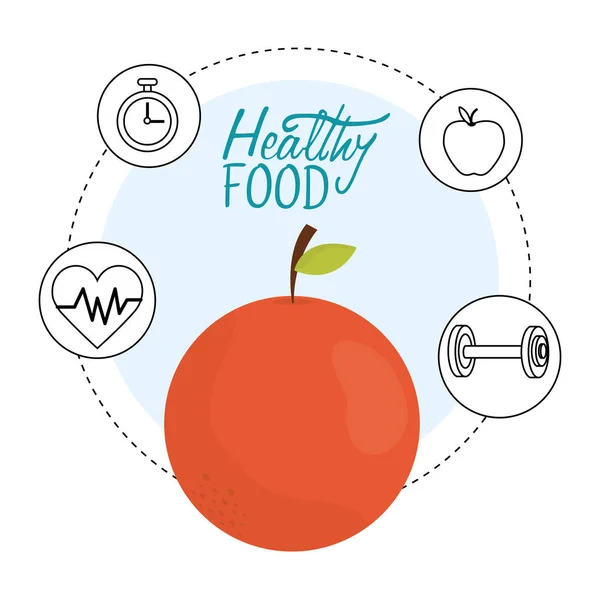 Fresh orange heartbeat chronometer and barbell health food — Image vectorielle