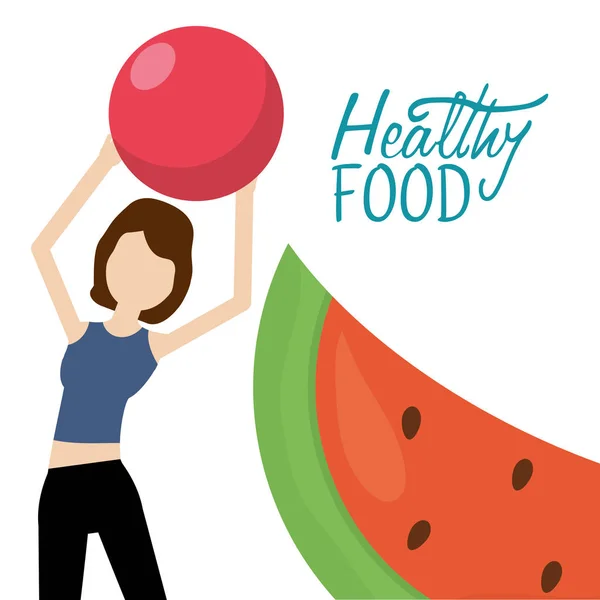 Woman with ball yoga and fresh watermelon health food — 图库矢量图片