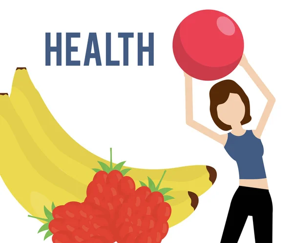 Woman with ball yoga fresh banana raspberries health food — Stockvector