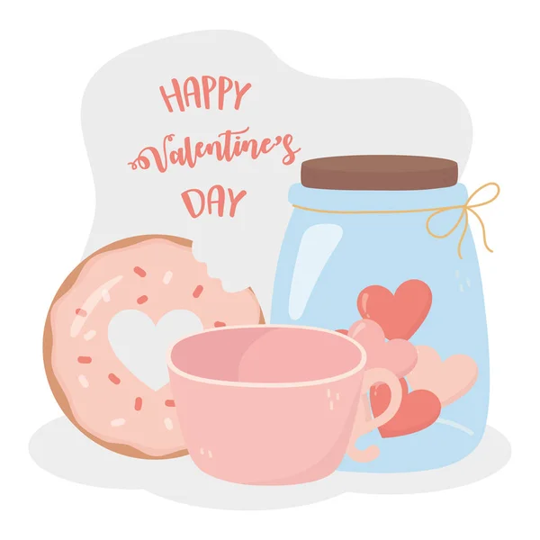 Happy valentines day sweet donut coffee cup jar glass heart love card — Stock Vector