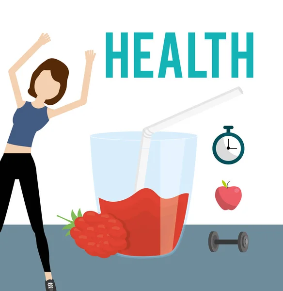 Woman stretching and strawberry juice chronometer barbell health food — Vector de stock