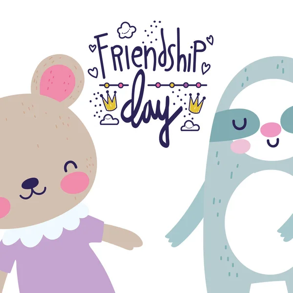 Friendship day cute bears together holding hands greeting card — Archivo Imágenes Vectoriales