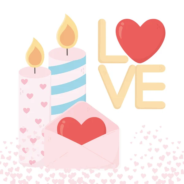 Happy valentines day candles and mail love heart decoration — стоковый вектор