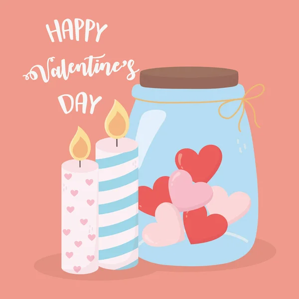 Happy valentines day candles jar glass heart love card — Διανυσματικό Αρχείο