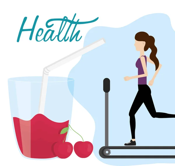 Woman in treadmill sport and fresh cherry juice health food — 图库矢量图片