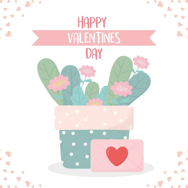 Happy valentines flowers in pot envelope message love day card — стоковый вектор