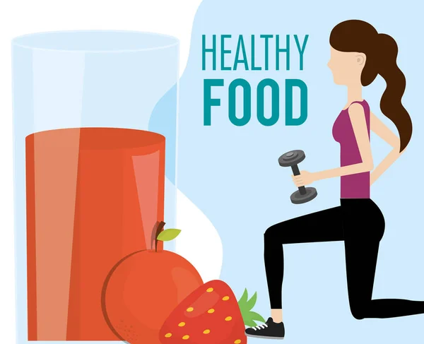Woman with barbell juice orange strawberry health food — Stockvektor