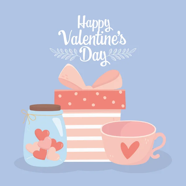 Happy valentines day gift box coffee cup and jar glass heart love card — Stock Vector