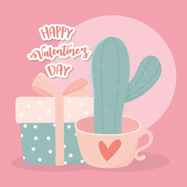 Happy valentines day potted cactus and gift box card — Vector de stock