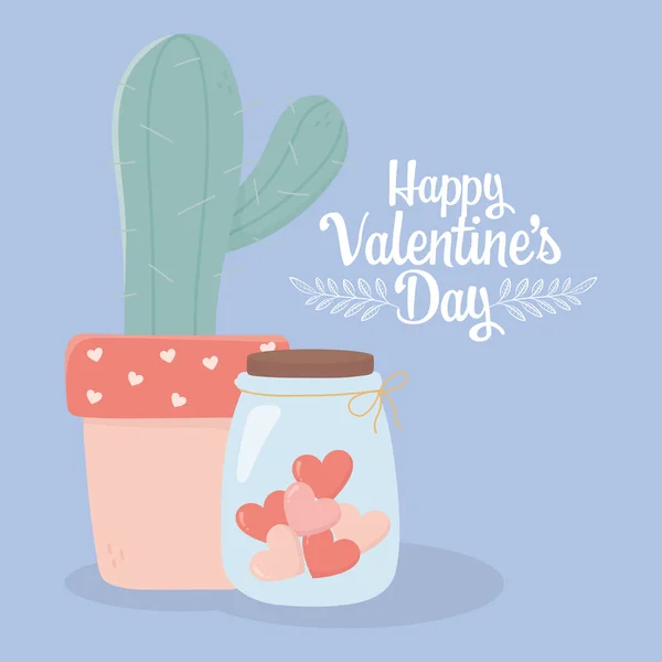 Happy valentines day potted cactus and jar glass hearts love — стоковый вектор